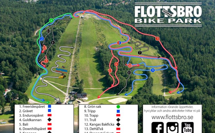 Karta som visar cykelspår i färgerna blå, svart, röd och grön, överst till höger syns en logotyp med texten Flottsbro Bike Park