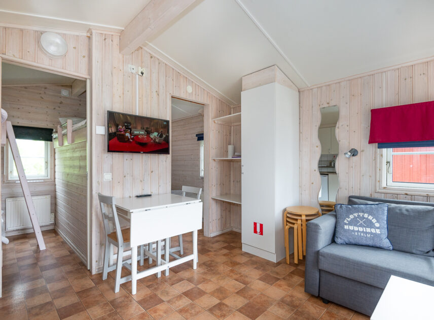 Bild på interiör av stuga med soffa.