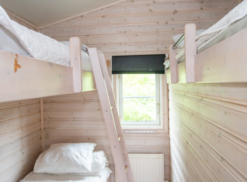 Bild på interiör av stuga med soffa.