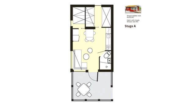 Grafisk bild av layout för stuga