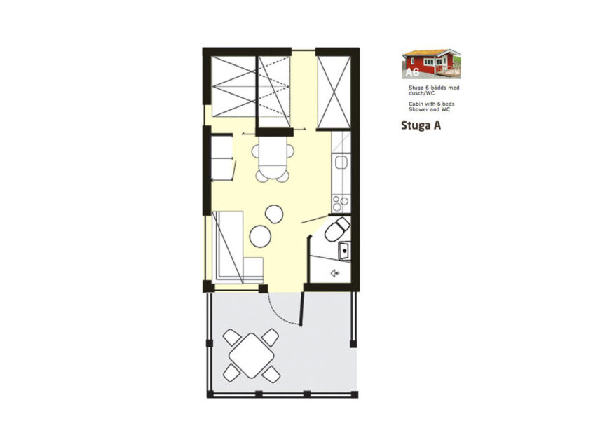 Grafisk bild av layout för stuga