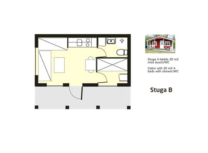 Grafisk bild av layout för stuga