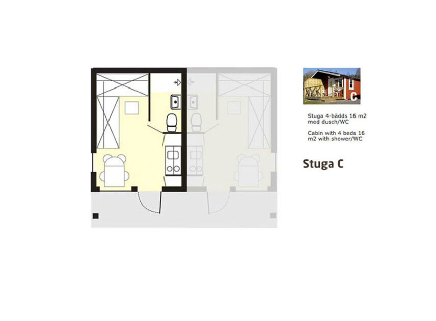Grafisk bild av layout för stuga