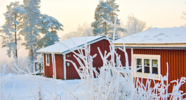 Stugor på Flottsbros camping på vintern med snö och vita träd.