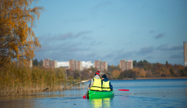 Bild på två personer som ror kanot sedda bakifrån.