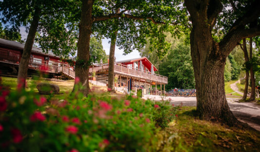 Bild på Flottsbrogården, i förgrunden syns ett par stora ekar samt blommor.