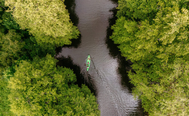 Bild tagen ovanifrån på en kanot i en kanal, runt omring syns skog och vattnet är mörkt.