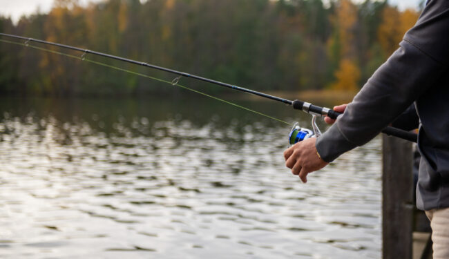 En bild på en beskuren person som fiskar med kastspö vid en sjö omgiven av skog.