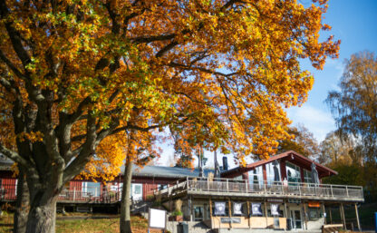 Värdshus omgivet av natur i höstskrud.