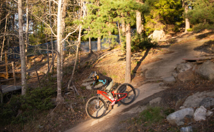 Bild på cyklist som cyklar downhill en solig höstdag