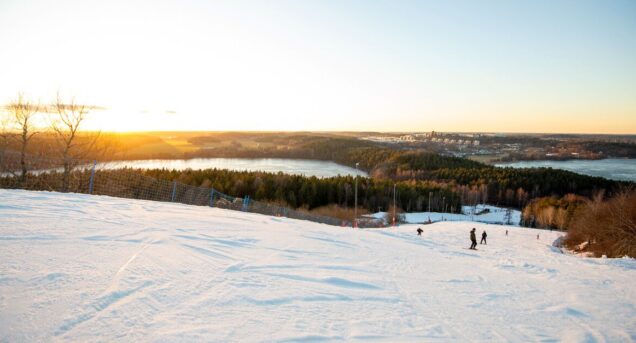 Solnedgång med vy över toppen av Flottsbros familjebacke