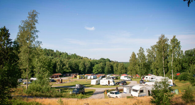 Husvagnar och bilar omgivna av skog, himlen är blå.