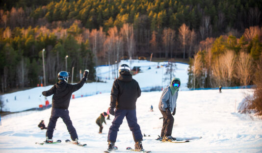 Tre ungdomar sedda bakifrån som står i mitten av familjebacken, i bakgrunden syns skogen.