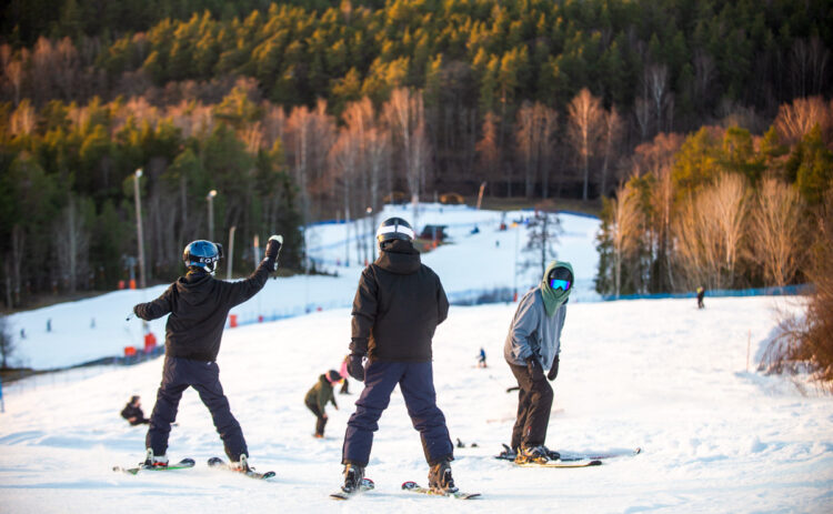 Tre ungdomar sedda bakifrån som står i mitten av familjebacken, i bakgrunden syns skogen.