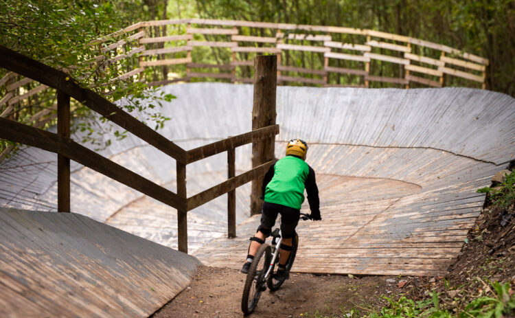 En cyklist iförd grön tröja sedd bakifrån, cyklisten cyklar över en ramt, runt omkring syns lummig grönska