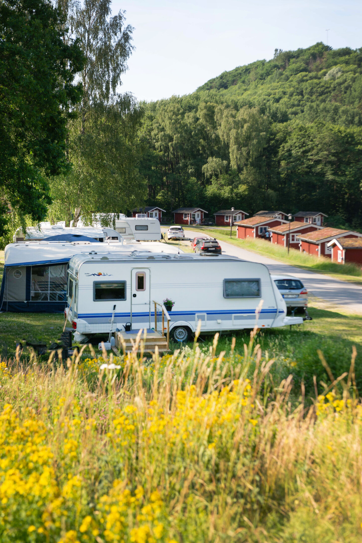 Vy över en camping med husvagn i förgrunden och med röda stugor i bakgrunden.